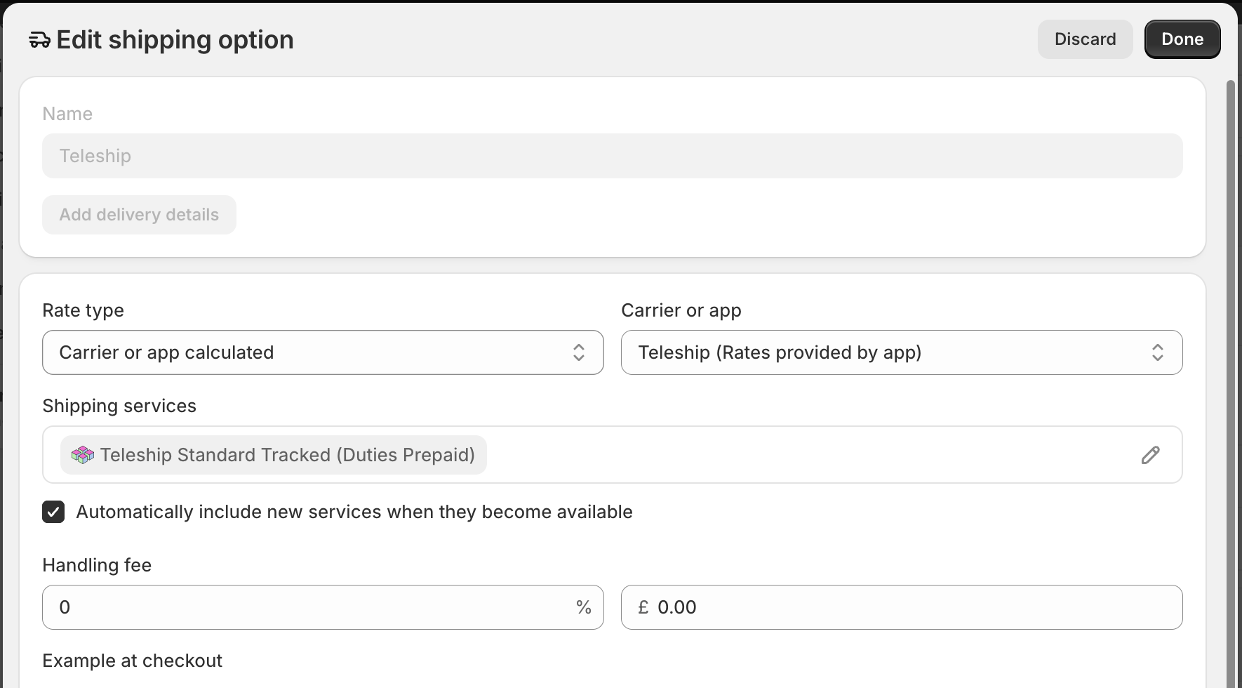 Shopify Edit shipping option pop-up with Teleship carrier and Standard Tracked (Duties Prepaid) service selected
