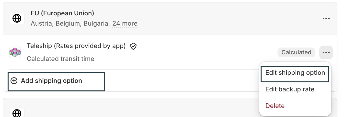 Shopify EU shipping zone showing Teleship app and Edit shipping option menu
