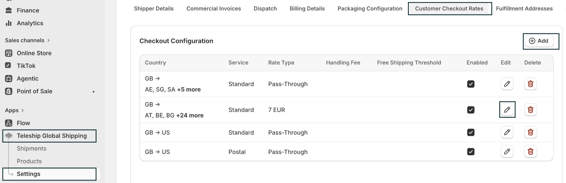 Teleship app Customer Checkout Rates configuration with shipping zones
