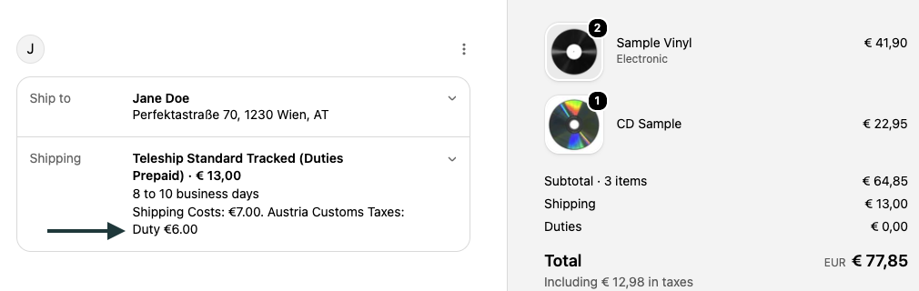 Shopify checkout showing Teleship Standard Tracked (Duties Prepaid) with shipping €7 and Austria Customs Duty €6 for 3 items across 2 commodities
