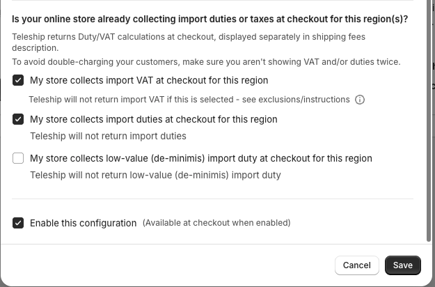 Teleship duty and tax toggles with import VAT and import duties ON and low-value de-minimis import duty OFF