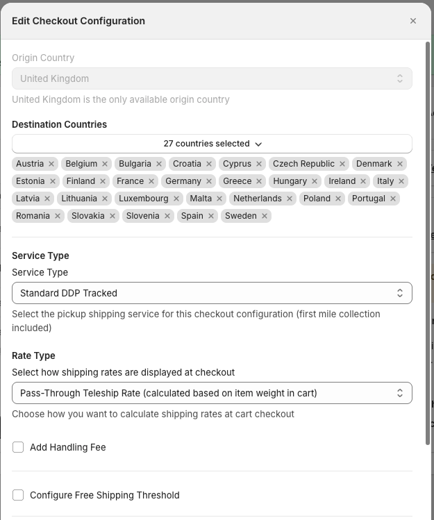 Teleship Edit Checkout Configuration modal with UK origin, 27 EU destinations, Standard DDP Tracked service and Pass-Through rate