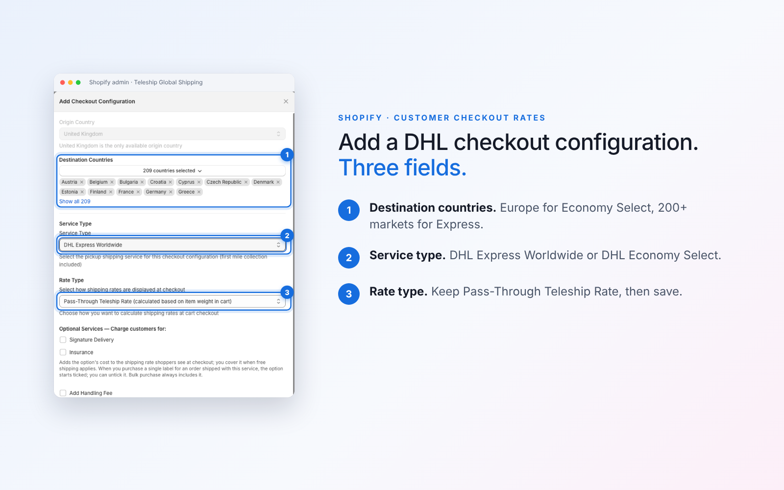 Teleship Shopify app Customer Checkout Rates screen with the Add Checkout Configuration form for choosing destination countries and a DHL service