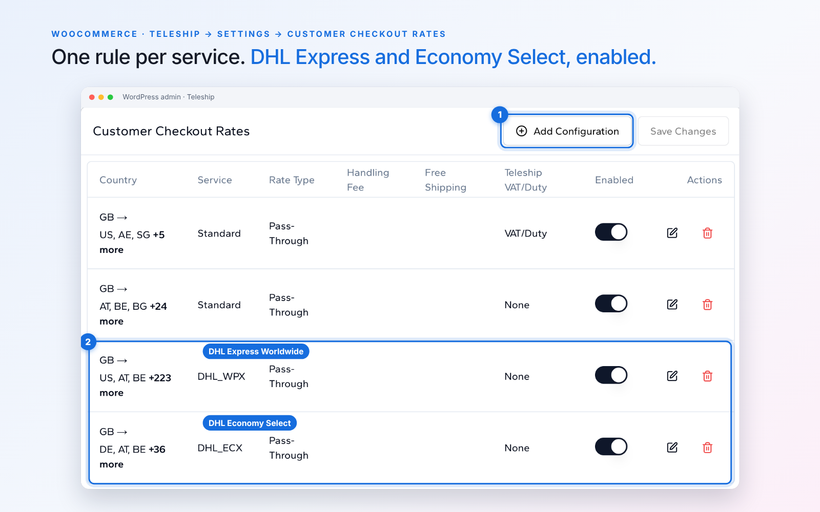 Teleship WooCommerce plugin Customer Checkout Rates settings listing checkout configurations with destination countries, service and Enabled toggle